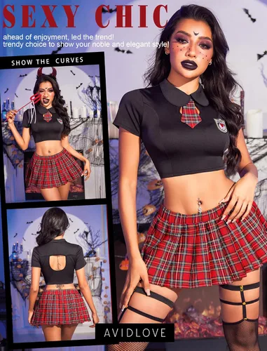 Vista 4 de Avidlove Conjunto de lencería sexy para mujer, disfraz de 2 piezas con corbata superior y minifalda plisada