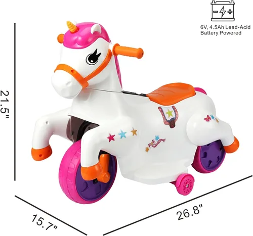 Vista 2 de Monta en unicornio. Fácil de cambiar un caballo mecedora eléctrico. El juguete eléctrico de unicornio con música, F&R y almohadilla para los pies.