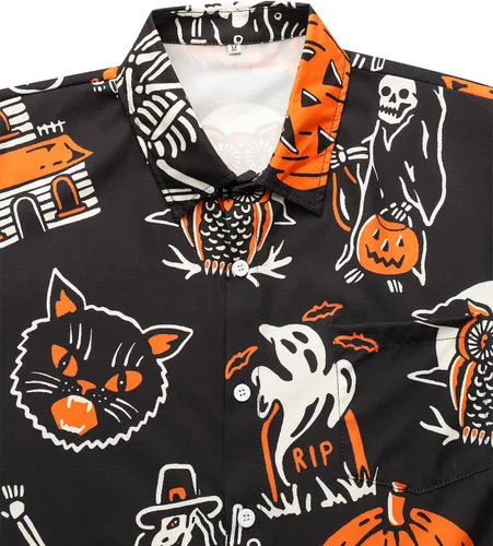 Vista 3 de Hardaddy Camisa de Halloween para hombre, manga corta, con botones, divertida impresión, casual