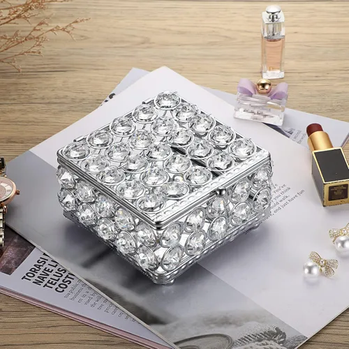 Vista 6 de ELLDOO Joyero de cristal plateado cuadrado organizador de joyas para aretes, anillos, caja del tesoro, caja de almacenamiento de recuerdos con tapa