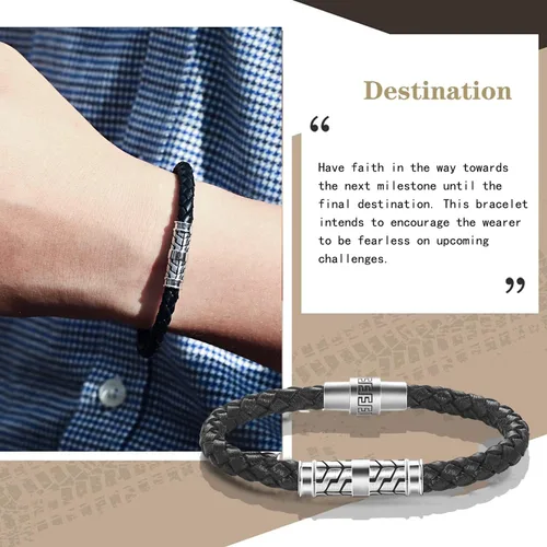 Vista 4 de Carleen Destination - Pulsera de cuero genuino de plata de ley 925 para hombre, cuerda trenzada con dije de energía, cierre de botón de bloqueo, 7.5