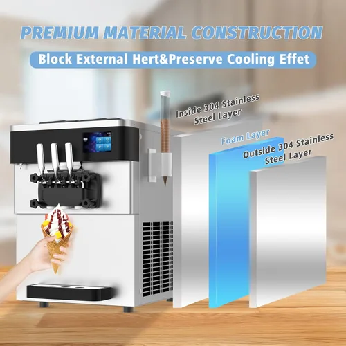 Vista 3 de Máquina comercial para hacer helados, 110 V, 2200 W, 3 sabores para encimera, suave, 5,3 a 7,4 galones/H, preenfriamiento, pantalla táctil LCD