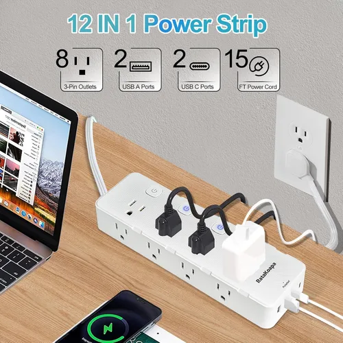 Vista 2 de Regleta protectora de sobretensiones de 15 pies, 8 salidas de CA, 4 USB (2 USB C), cable de extensión de enchufe plano con interruptores