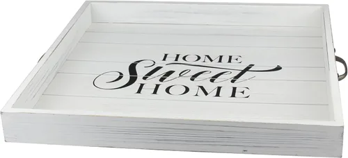 Vista 2 de Stonebriar Bandeja de madera decorativa casera dulce blanca desgastada cuadrada con manijas de metal