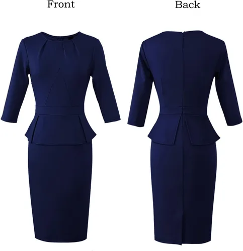 Vista 3 de VFSHOW Vestido de tubo plisado con cuello redondo para mujer, para trabajo, negocios, oficina, bodycon