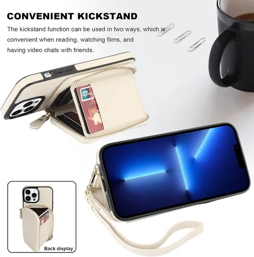 Vista 5 de Bocasal Funda tipo cartera cruzada para iPhone 13 Pro Max, bloqueo RFID de cuero PU con cremallera, bolso cartera con tapa plegable, funda tipo