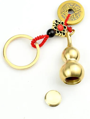 Vista 2 de 3 llaveros de latón de calabaza china Wu Lou, monedas de oro de Feng Shui para buena suerte, fortuna, longevidad, éxito, decoraciones de calabash
