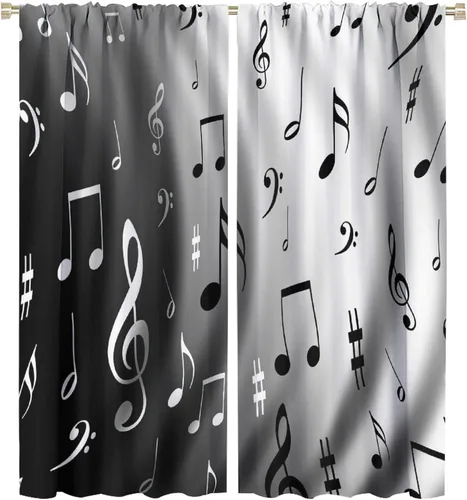 Vista 17 de Cortinas de notas musicales, blanco y negro, instrumento musical, canción, arte de canción, opacas, para ventana, dormitorio, sala de estar