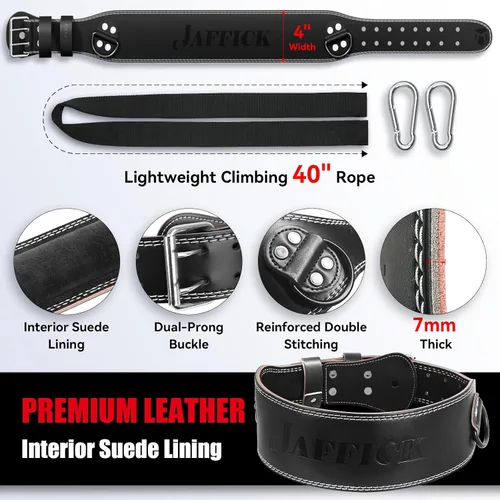 Vista 3 de Jaffick Cinturón de cuero para levantamiento de pesas y cinturón de inmersión 2 en 1 con cuerda para levantamiento de pesas, gimnasio, levantamiento