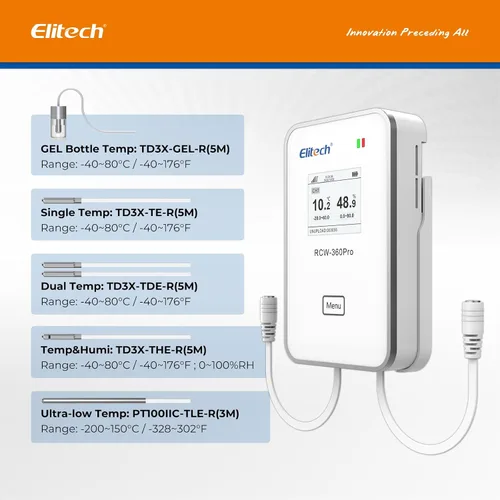 Vista 5 de Elitech Sonda de temperatura dual para RCW-360Pro, -40°F a 176°F, sensor digital de detección automática de cable de 16.4 pies con certificado