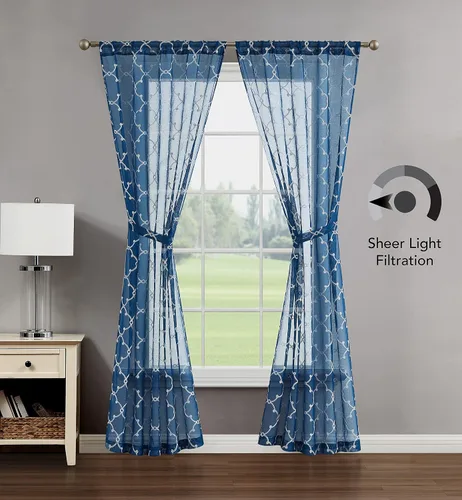Vista 2 de Creative Home Ideas Cortinas transparentes (2 paneles, 38 x 63 pulgadas, azul), paneles de cortina geométricos bordados con alzapaños, cortinas