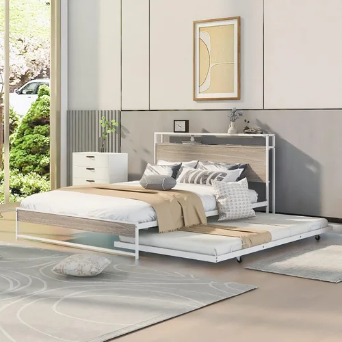 Vista 10 de SOFTSEA Marco de cama de plataforma de metal de tamaño matrimonial con nido, puertos USB con cabecera de almacenamiento de madera, cama de panel