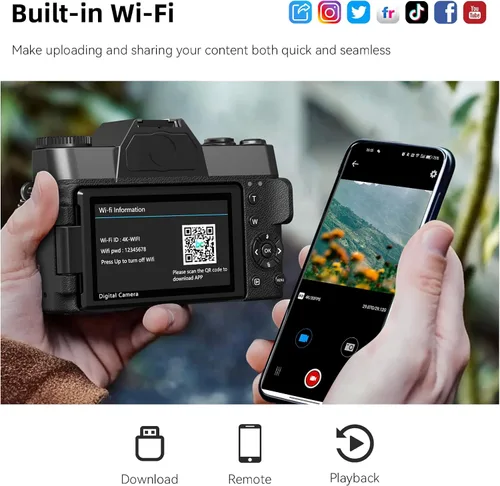 Vista 6 de VJIANGER 2025 Actualización Cámara digital 6K de 64 megapíxeles para videoblogs y fotografía para YouTube con WiFi, pantalla giratoria de 180°, zoom