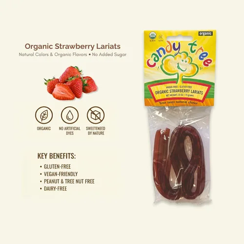 Vista 5 de Candy Tree Lariats orgánicos, sin trigo ni gluten, fresa, paquete de 4, 2.65 oz