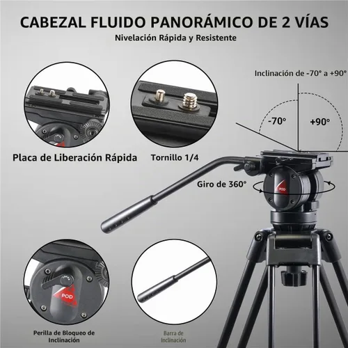 Vista 5 de 3Pod V3AH - Trípode de video de aluminio para cámara con cabezal fluido