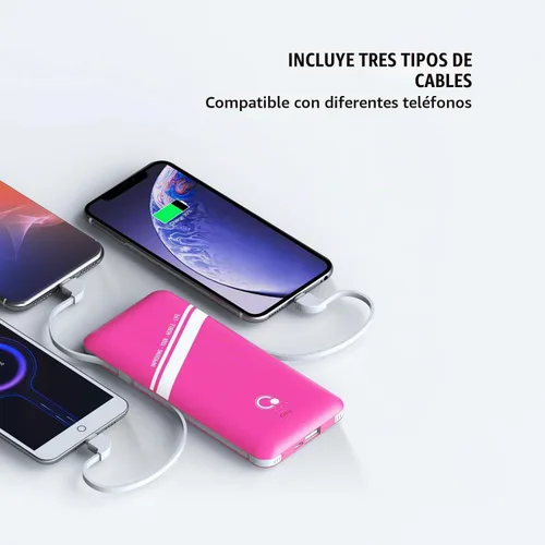Vista 2 de Cargador portátil Q Slim de 10000 mAh, batería externa de 4 salidas con enchufe de pared de CA integrado, micro USB C, tres cables compatibles