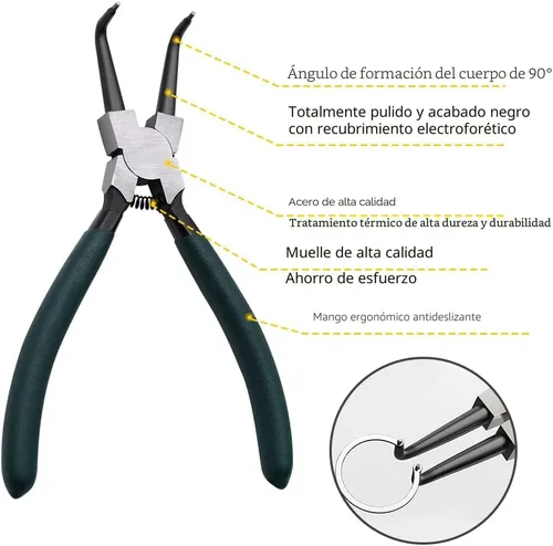Vista 3 de Juego de alicates de anillo a presión, 2 piezas de 7" de alicates internos/externos con mandíbula doblada, kit de alicates de precisión de carga