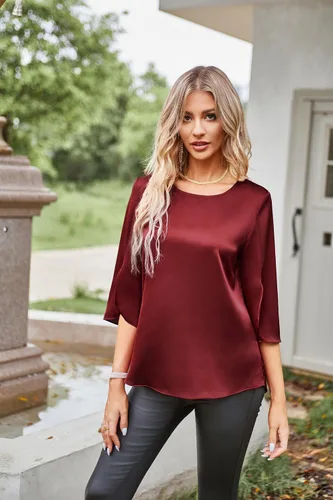 Vista 7 de Women Casual Scoop Neck Loose Top 34 Sleeve Satin Chiffon Blouse Tops