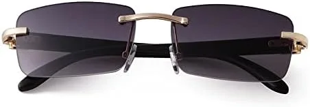 Vista 3 de Laurinny Lentes de sol rectangulares de metal dorado con lente tintada, patillas de madera de los años 90, gafas retro para mujeres y hombres