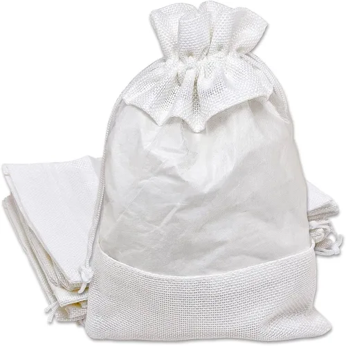 Vista 22 de TheDisplayGuys para tu vida moderna - Paquete de 12 bolsas de regalo pequeñas de arpillera de lino y organza con cordones (8.9x14 cm, gris)