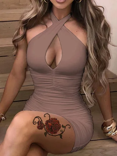 Vista 2 de Hilinker Vestido corto sexy cruzado con cuello halter fruncido para mujer, corte entallado, vestido de fiesta para club