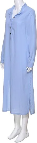 Vista 54 de Vestido de manga larga para mujer, casual, de algodón, lino, con botones, maxivestidos tipo caftán, blanco y azul