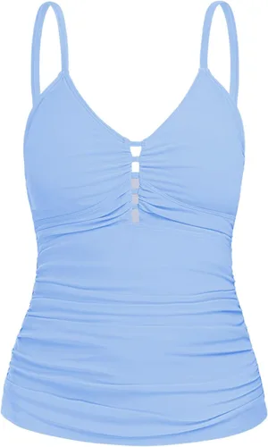 Vista 22 de Ocean Blues Traje de Baño Tankini Retro para Mujer con Fruncido Control de Abdomen Solo Parte Superior del Tankini Negro