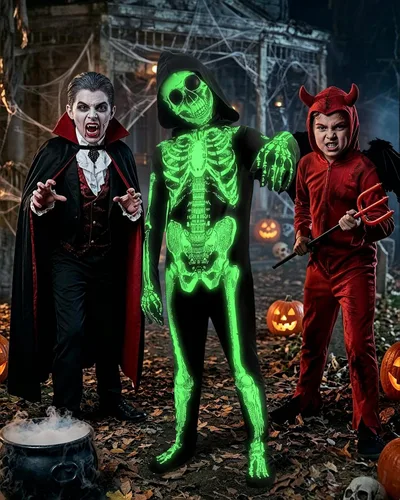 Vista 5 de BOMLY Disfraz de esqueleto para niños, disfraz de Halloween con capucha y Negro