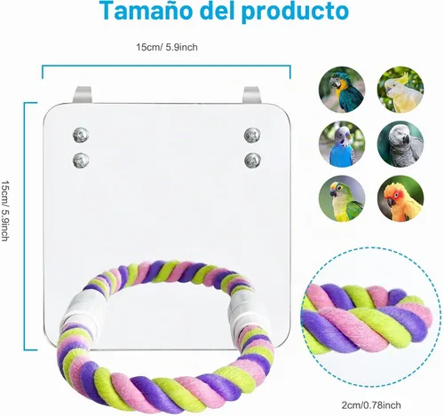 Vista 2 de Espejo de pájaro de 5.9 pulgadas con cuerda, perca, juguetes para pájaros, perca cómoda para grises, amazonas, periquitos, cacatúas, conure