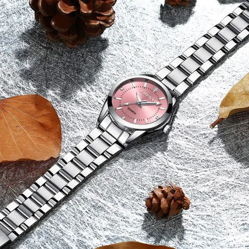 Vista 5 de Reloj clásico de acero inoxidable plateado impermeable de cuarzo analógico de moda para mujer