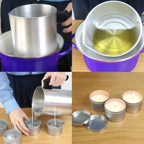 Vista 5 de Yarlung Olla para hacer velas de 4 libras, jarra de fabricación de velas de construcción de aluminio, jarra de cera sin goteo con mango resistente