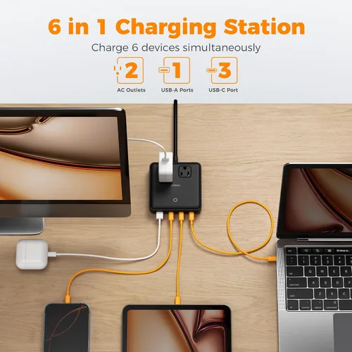 Vista 3 de Estación de carga TESSAN PD 100W para múltiples dispositivos, bloque de cargador USB C 6-en-1 compatible con iPhone 17/16, MacBook, base de carga