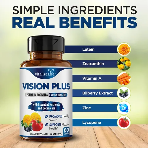 Vista 2 de Vision Plus Suplementos completos para los ojos para adultos – Vitaminas oculares para personas mayores con luteína, arándano y zeaxantina