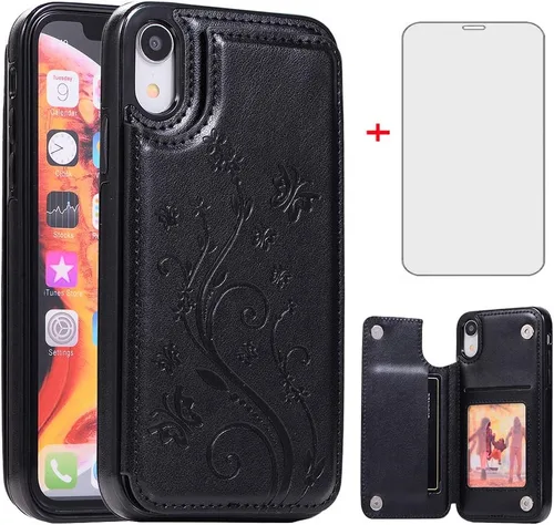 Vista 8 de Asuwish Funda para iPhone XR con protector de pantalla de vidrio templado, funda de cuero con soporte para tarjetas, doble cierre magnético y funda