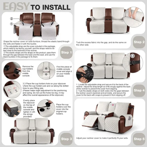 Vista 6 de KinCam Funda 100% Impermeable para Loveseat Reclinable con Consola, Fundas Antideslizantes para Sofá Reclinable de 2 Asientos, Funda para Sofá