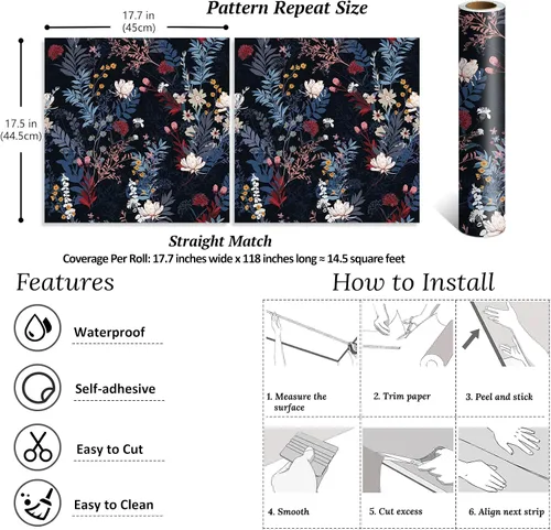 Vista 8 de VEELIKE Papel tapiz botánico oscuro para despegar y pegar, papel tapiz floral negro para dormitorio, baño, sala de estar, 17.7 x 118 pulgadas, papel