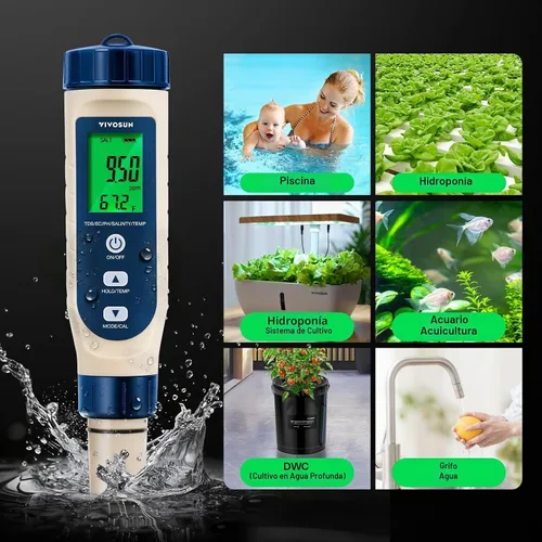 Vista 7 de VIVOSUN - Medidor digital de pH 5 en 1 con función de salinidad/TDS/EC Azul