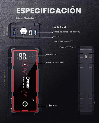 Vista 9 de Arrancador de Batería, Arrancador de Batería Portátil, Arrancador de Batería de Coche con 3 Modos de Linterna, Brújula, Banco de Energía y Cable