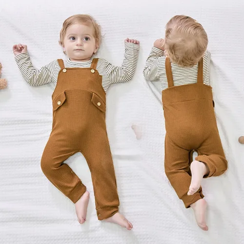 Vista 2 de CARETOO Ropa de bebé recién nacido, mameluco para otoño e invierno, 2 piezas, overol de manga larga a rayas, 0-18 meses