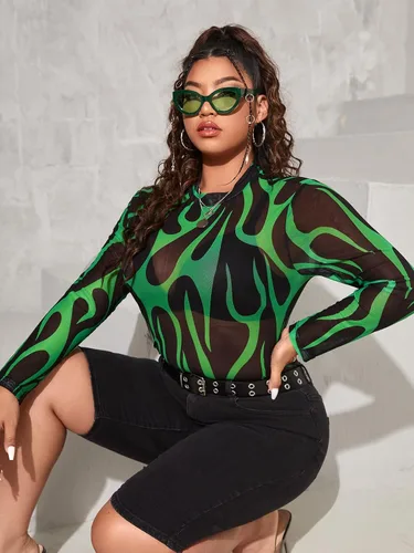 Vista 3 de Floerns Camiseta de manga larga con cuello alto falso y estampado de leopardo para mujer