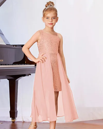 Vista 5 de GRACE KARIN Vestido de lentejuelas para niñas, vestido de fiesta de cumpleaños de un hombro, vestidos de graduación 6-14 años