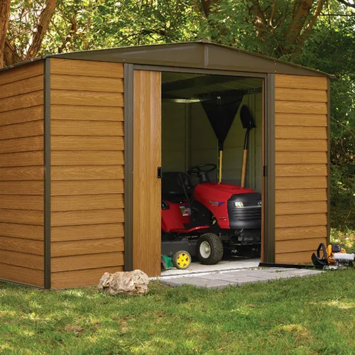 Vista 11 de Arrow Woodridge - Caseta de almacenamiento de acero con hastial bajo, café/madera