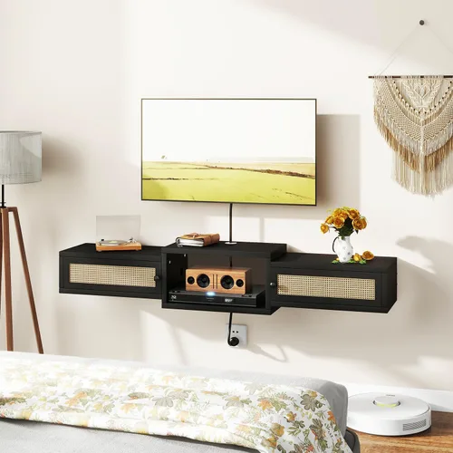 Vista 9 de IBUYKE Soporte flotante moderno de ratán para TV con puertas, estante de TV montado en la pared para televisores de hasta 55 pulgadas, consola