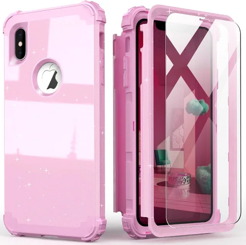 Vista 20 de IDweel Funda para iPhone Xs Max con protector de pantalla de vidrio templado, absorción de golpes 3 en 1, protección resistente, cubierta de Negro