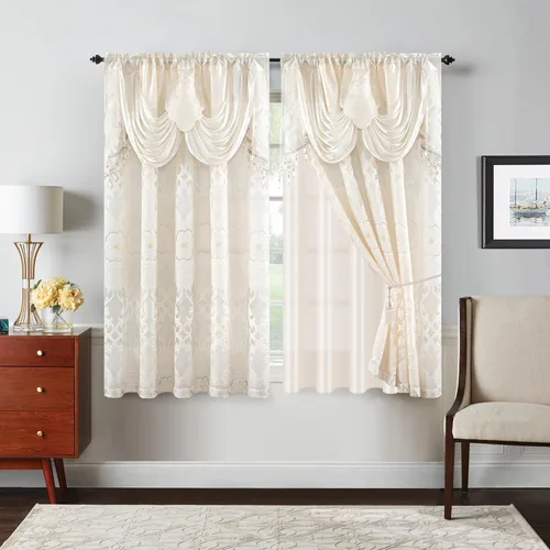 Vista 31 de Petrichor Cortinas de gasa jacquard transparente borgoña (54 pulgadas de ancho x 63 pulgadas de largo), 2 paneles con cenefa adjunta, diseño floral