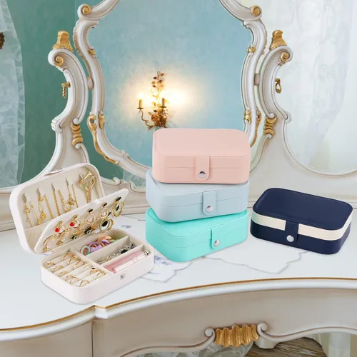 Vista 6 de Joyero de viaje, organizador de joyas pequeño de piel sintética para mujeres y niñas, mini estuche de viaje portátil de doble capa, cajas