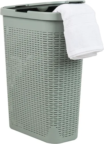 Vista 10 de Mind Reader Cesta de lavandería delgada con tapa, cesta de ropa de 40 L, diseño de mimbre premium, plástico, azul bebé