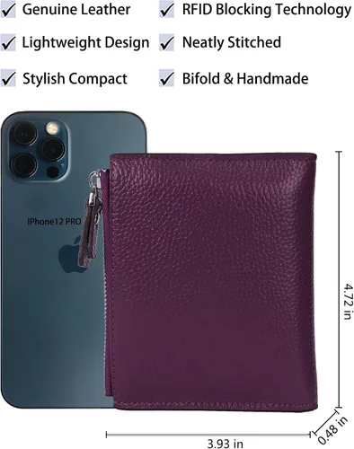 Vista 4 de AINIMOER - Cartera de piel con bloqueo RFID para mujer, tamaño pequeño, compacta, doble zíper, con ventana para identificación