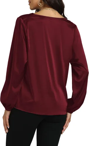 Vista 2 de LYANER Blusa de satén sedoso con cuello drapeado frontal de manga larga para mujer