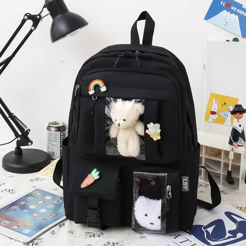 Vista 8 de Juego de 5 mochilas kawaii para niñas con bonitos accesorios de oso, suministros escolares, bolsas para bolígrafos, bolsa de hombro, 02-Negro